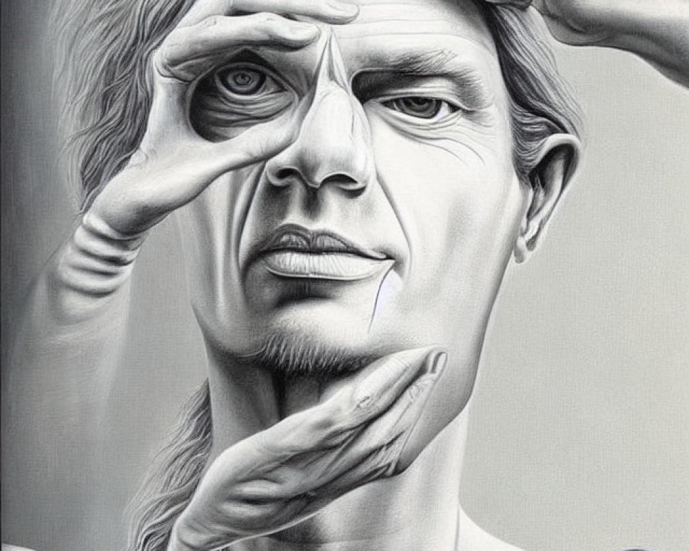 Surreal greyscale artwork: Person with four arms creating additional eyes.