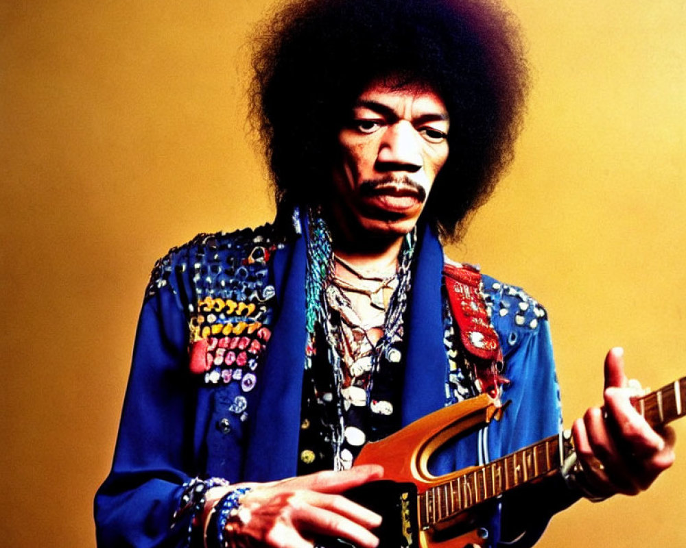 Man with Afro Hairstyle Plays Electric Guitar in Colorful Military-Style Jacket