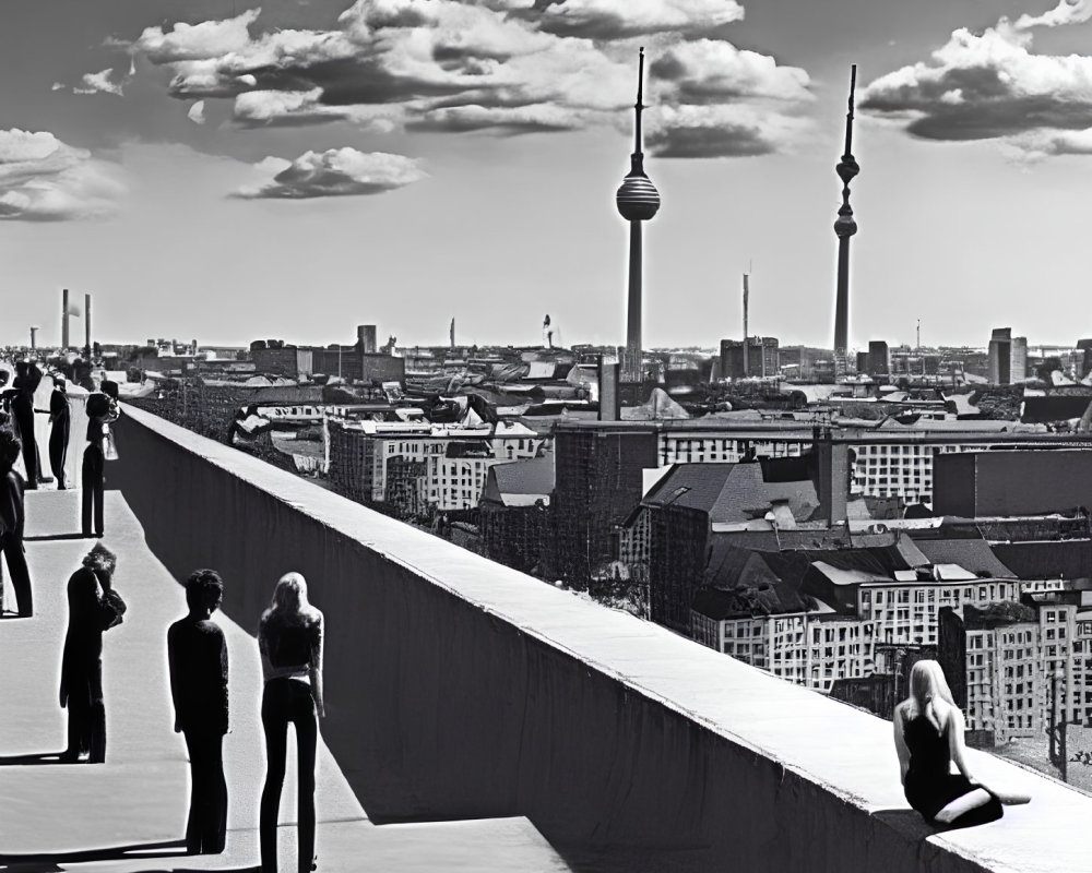 Monochrome cityscape with people on high vantage point overlooking twin towers skyline.