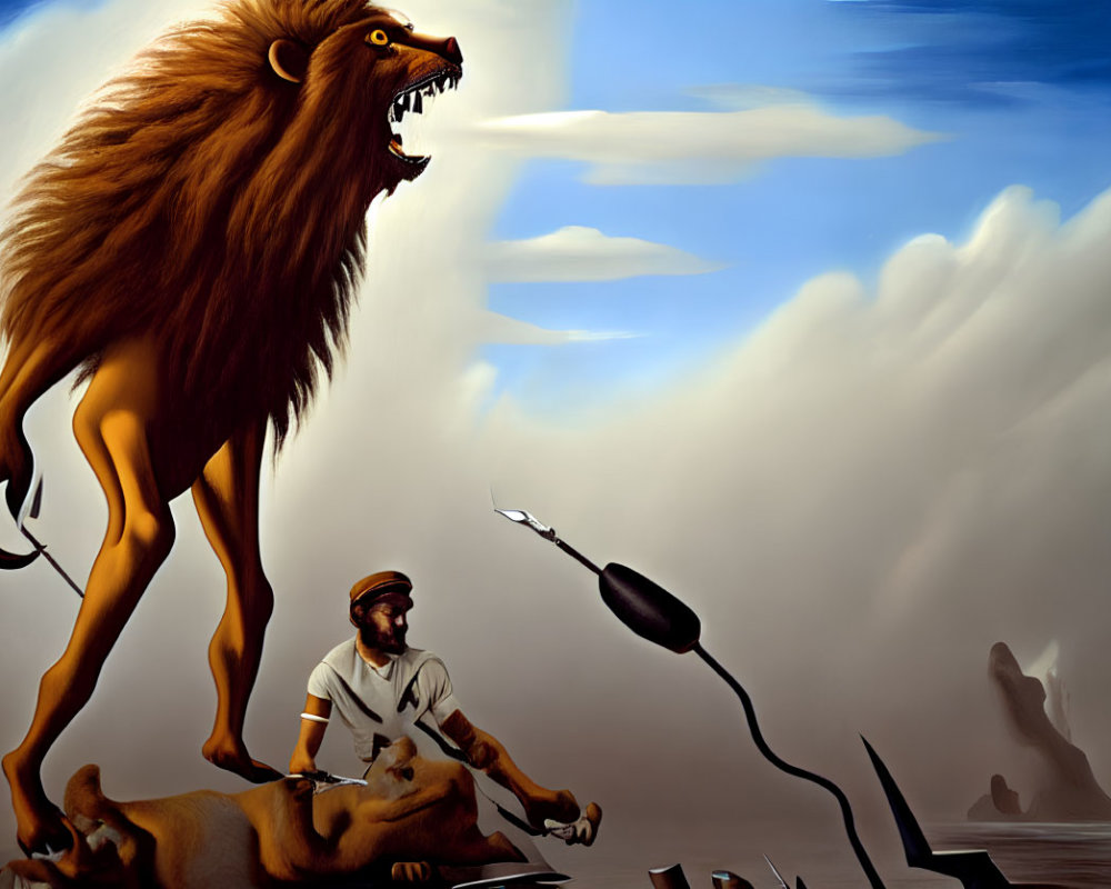 Surreal painting of lion and man with spear under cloudy sky