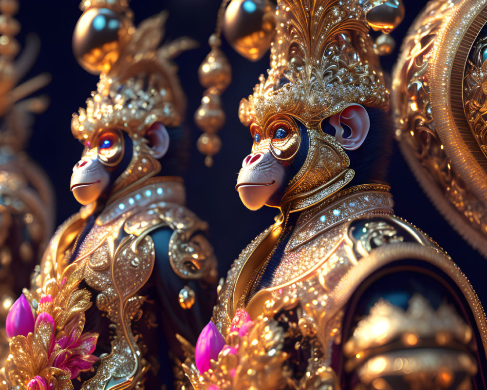 Golden monkeys in ornate armor and jewels on dark background