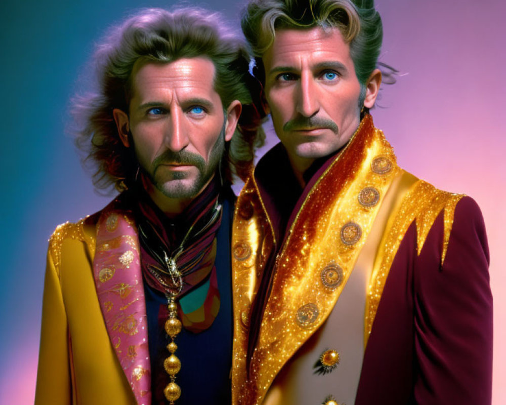 Two Men in Colorful Ornate Costumes Against Purple Background
