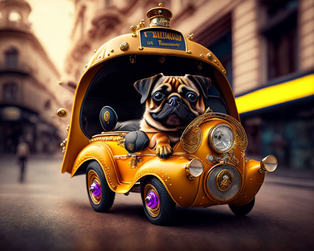Whimsical digital artwork: Pug driving yellow car in urban setting
