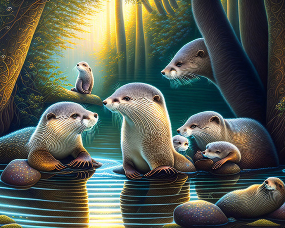 Illustrated Otters in Mystical Forest Setting