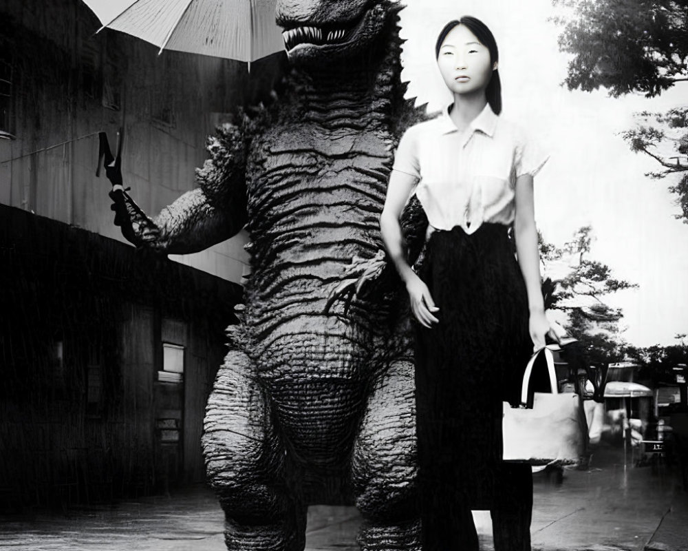 Monochromatic image: Woman with umbrella walks beside Godzilla on rainy street