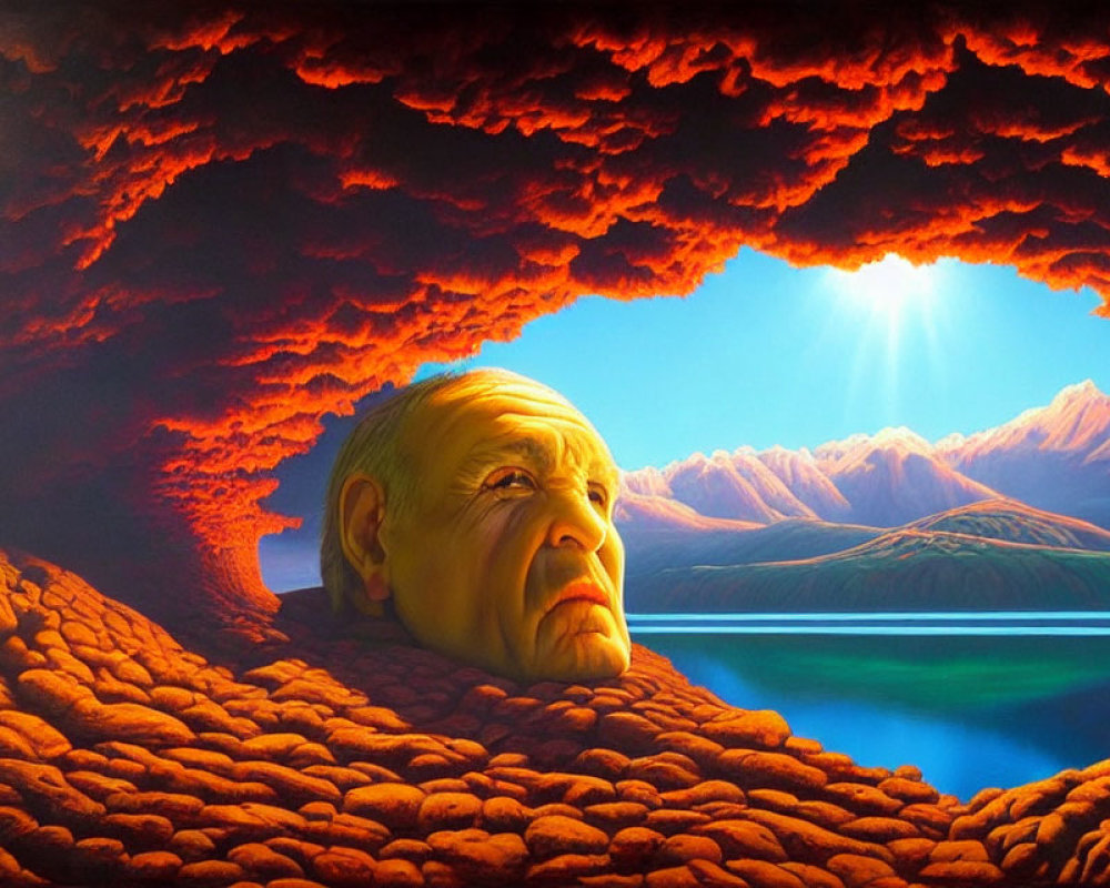 Elderly Man's Face in Surreal Landscape overlooking Lake and Mountains