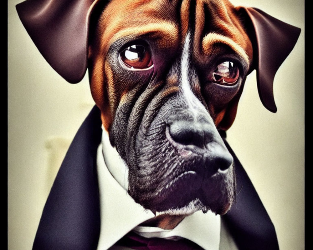 Surreal digital art of dog-human hybrid in suit and tie