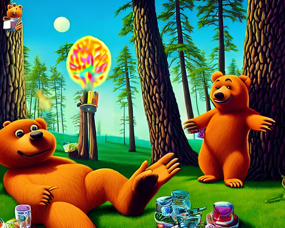 Vibrant cartoon bears in forest: one juggling fire orbs, other peeking from tree.