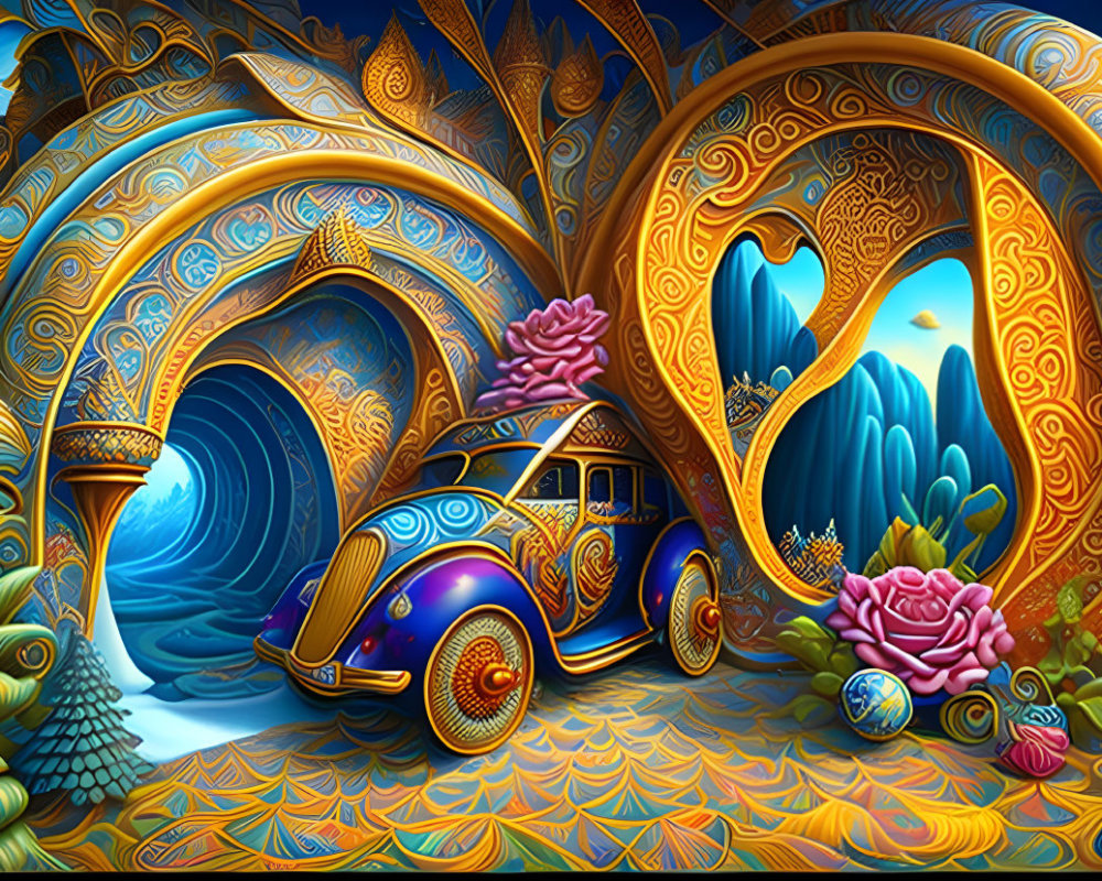Colorful Psychedelic Illustration: Stylized Volkswagen Beetle in Fantastical Flora &