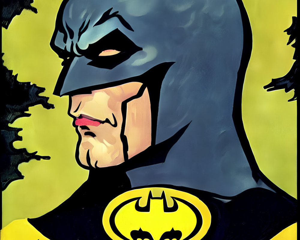Determined superhero with bat emblem in cowl on yellow background