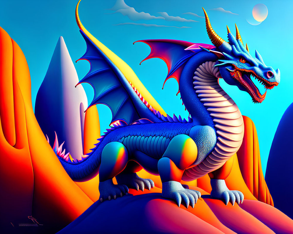 Colorful Digital Illustration: Blue Dragon on Fantasy Terrain with Moons