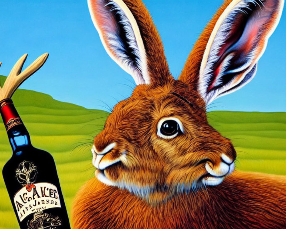 Surreal illustration: large brown rabbit with liquor bottle and red gardening fork on grass field