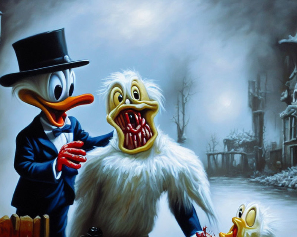 Surreal painting featuring Scrooge McDuck and Donald Duck in a dark street