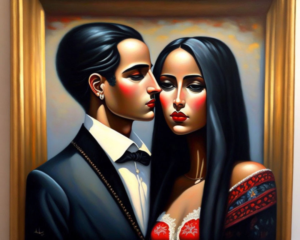 Exaggerated male and female characters in surreal romantic portrait