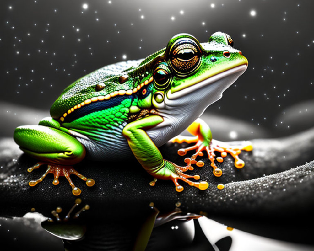 Colorful Digital Illustration: Green Frog on Branch with Starry Sky