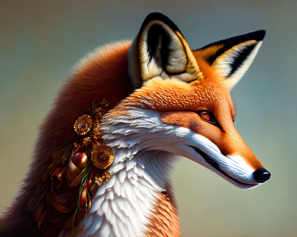 Realistic red fox illustration with vibrant orange fur and golden floral jewelry
