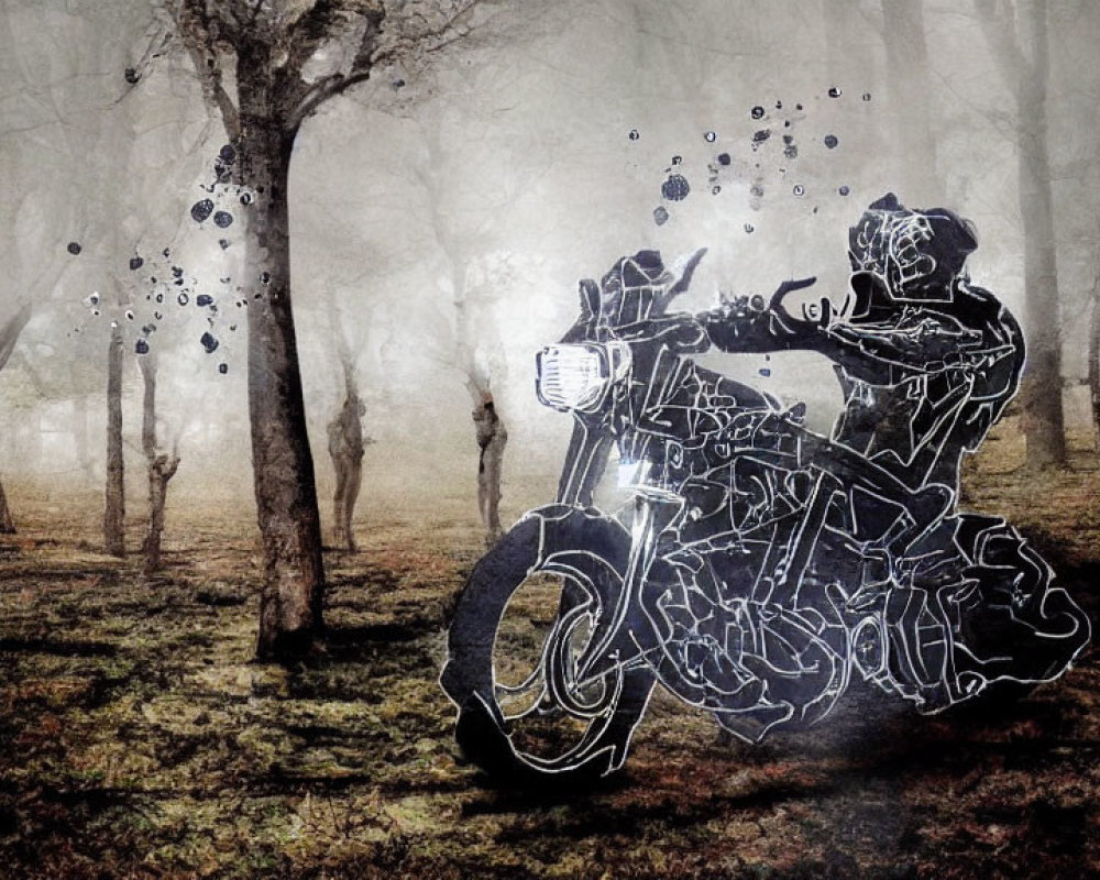 Digital illustration of glowing outlined motorcyclist in misty forest