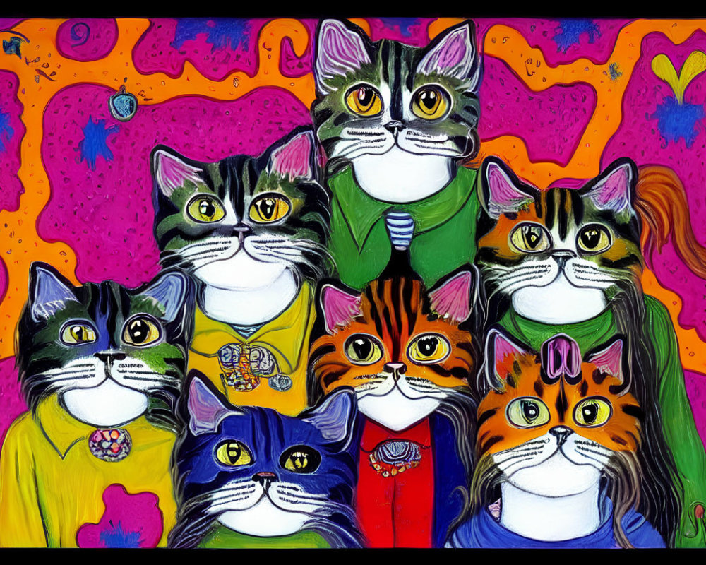 Colorful Cartoon Painting of Anthropomorphic Cats in Psychedelic Background