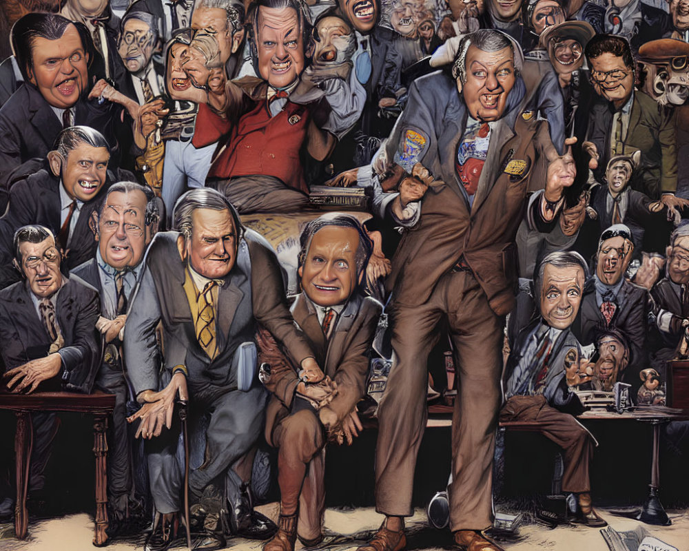 Group of men in suits with exaggerated expressions in caricature illustration