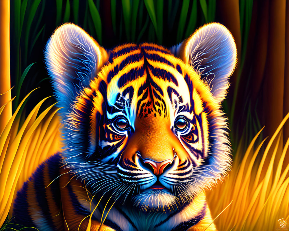 Colorful Tiger Cub Artwork with Vibrant Stripes and Golden Grass Background