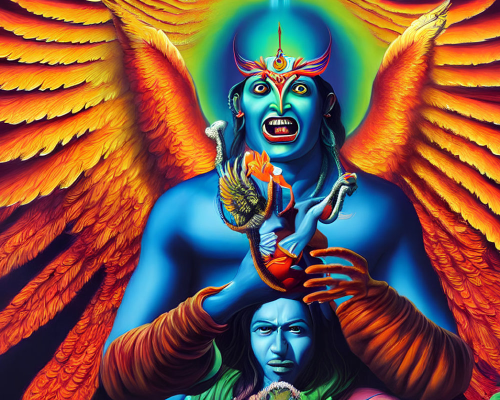 Colorful depiction of a multi-armed, blue-skinned deity with fiery orange wings