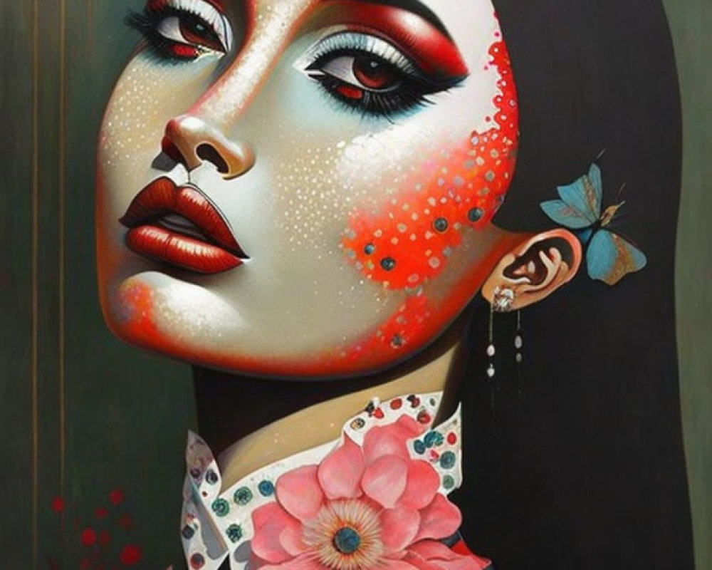 Portrait of a woman with floral patterns and butterflies, surreal and artistic.