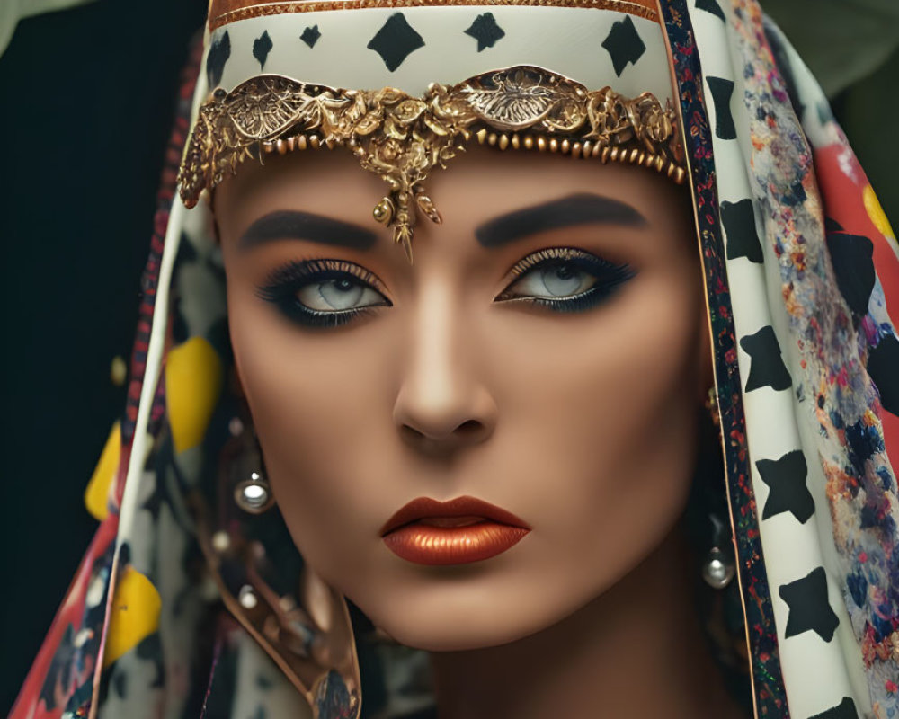 Woman with dramatic makeup and decorative headpiece in colorful scarf on dark background