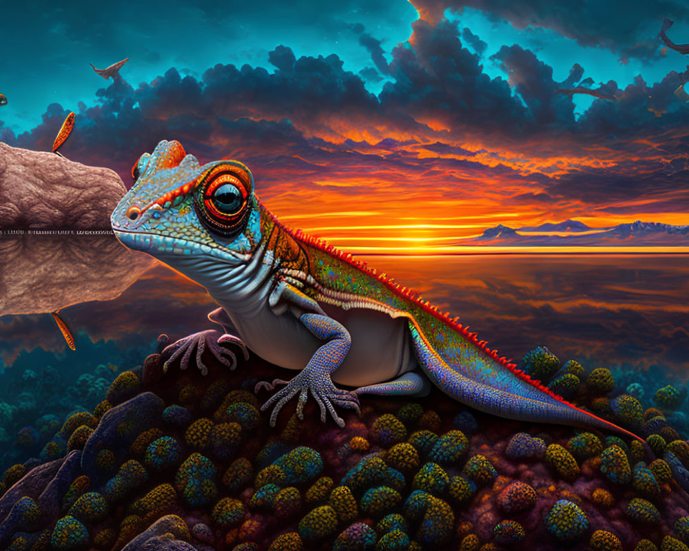 Colorful lizard on textured ground at sunset with flying creatures and dramatic clouds
