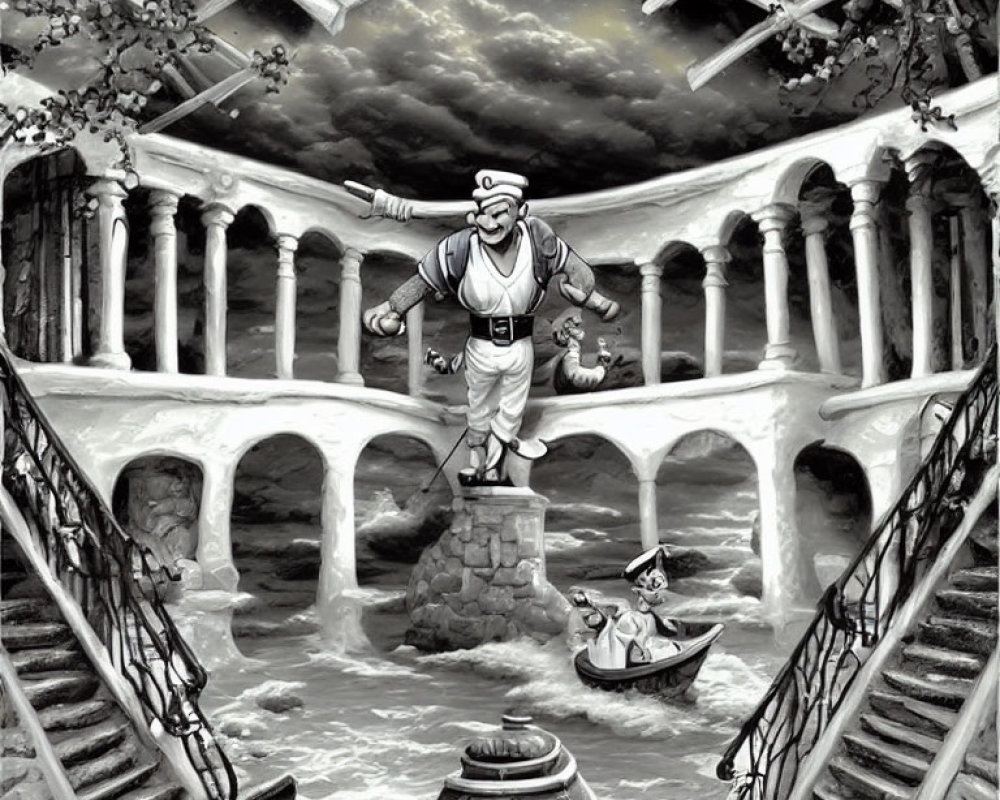Surreal black and white pirate artwork in circular structure