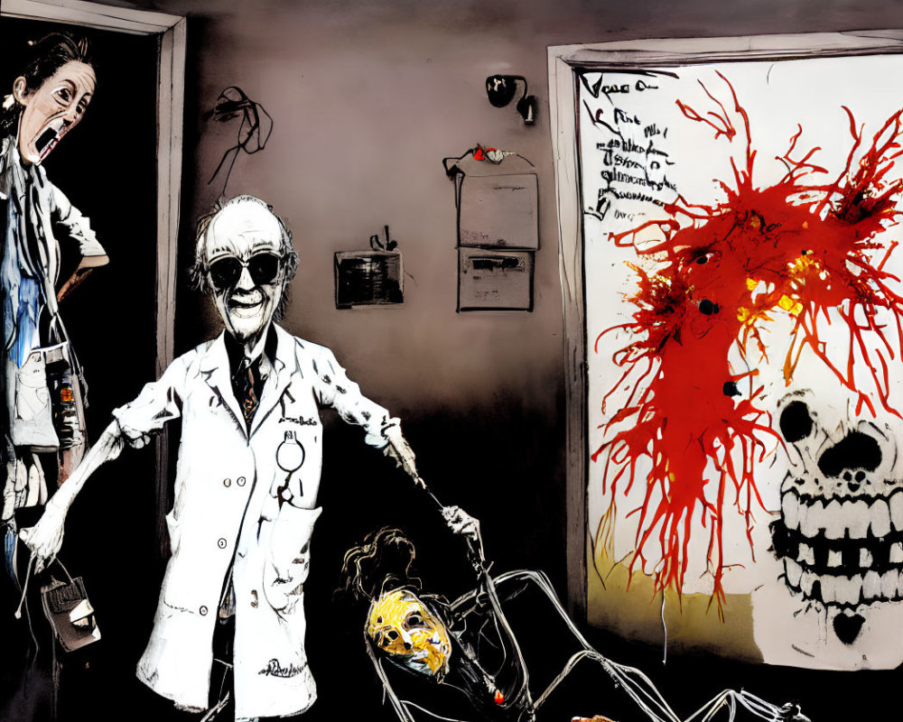 Horror-themed illustration: mad scientist, terrified assistant, skull, chaotic notes, blood splatter.