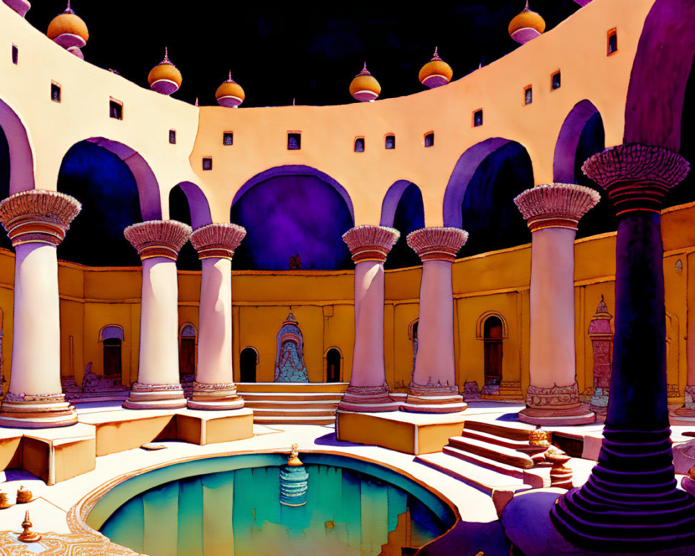Vibrant courtyard with ornate fountain and purple columns.