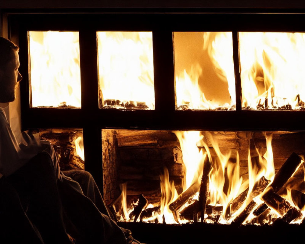 Person sitting beside glowing fireplace with burning logs