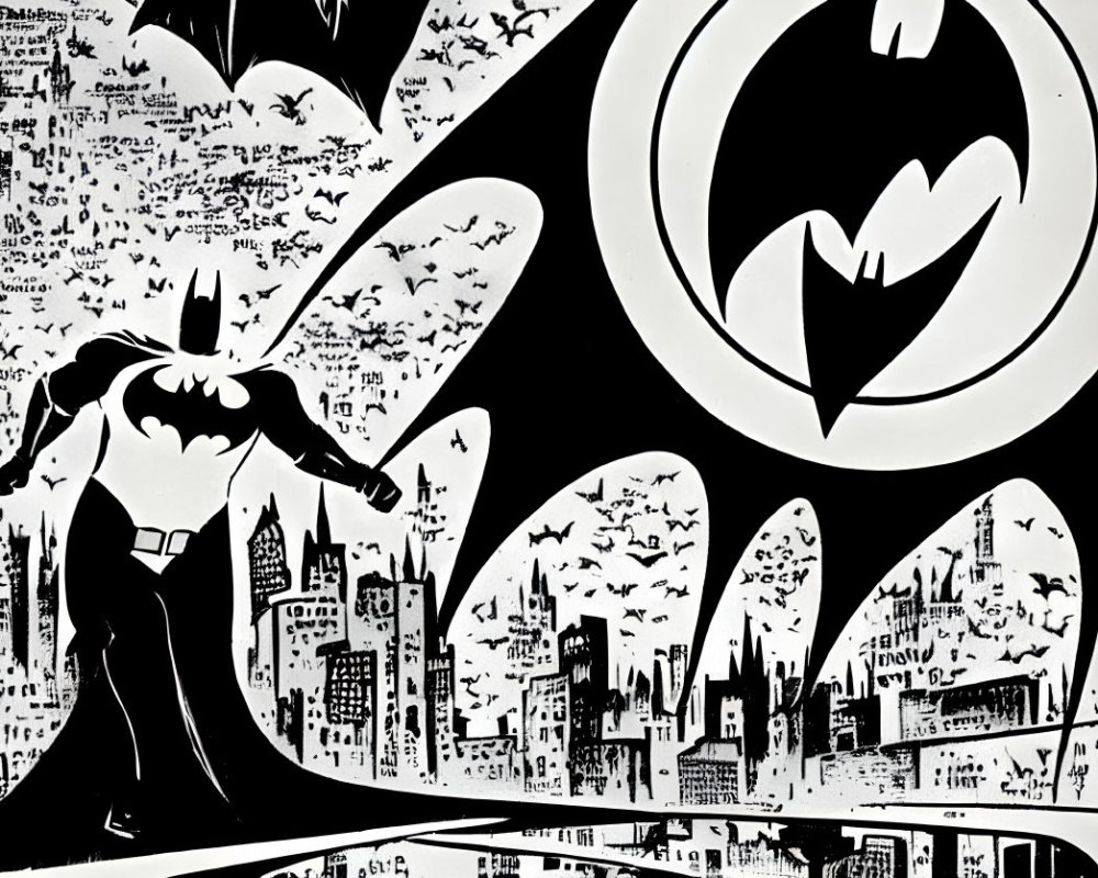 Monochrome Batman illustration with bat signal and Gotham City skyline