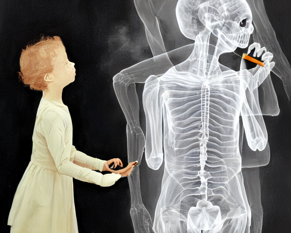 Child mesmerized by skeleton drinking beverage in X-ray image