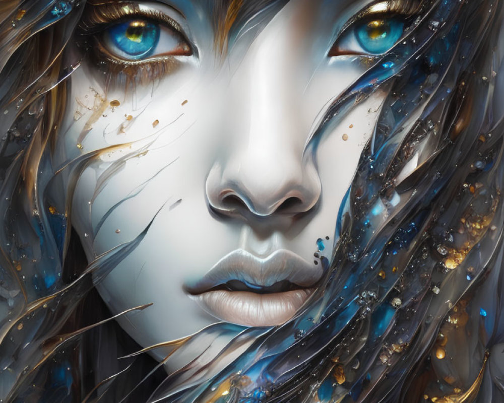 Mystical female face with golden eyes in swirling blue and dark strands