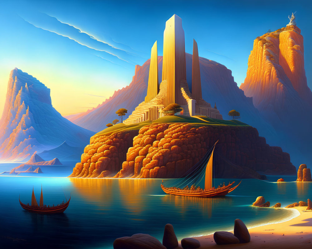 Futuristic cityscape on island cliff with traditional ships