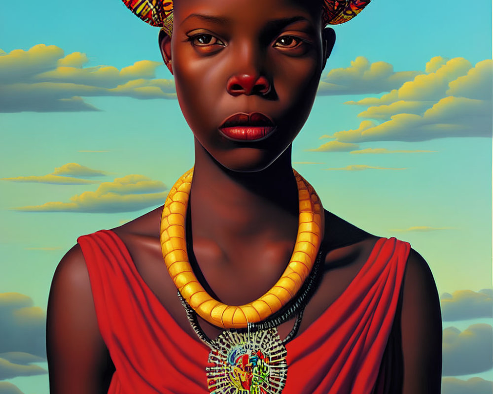 Colorful Woman Portrait with Headdress, Yellow Necklace, and Red Clothing against Blue Sky and Clouds