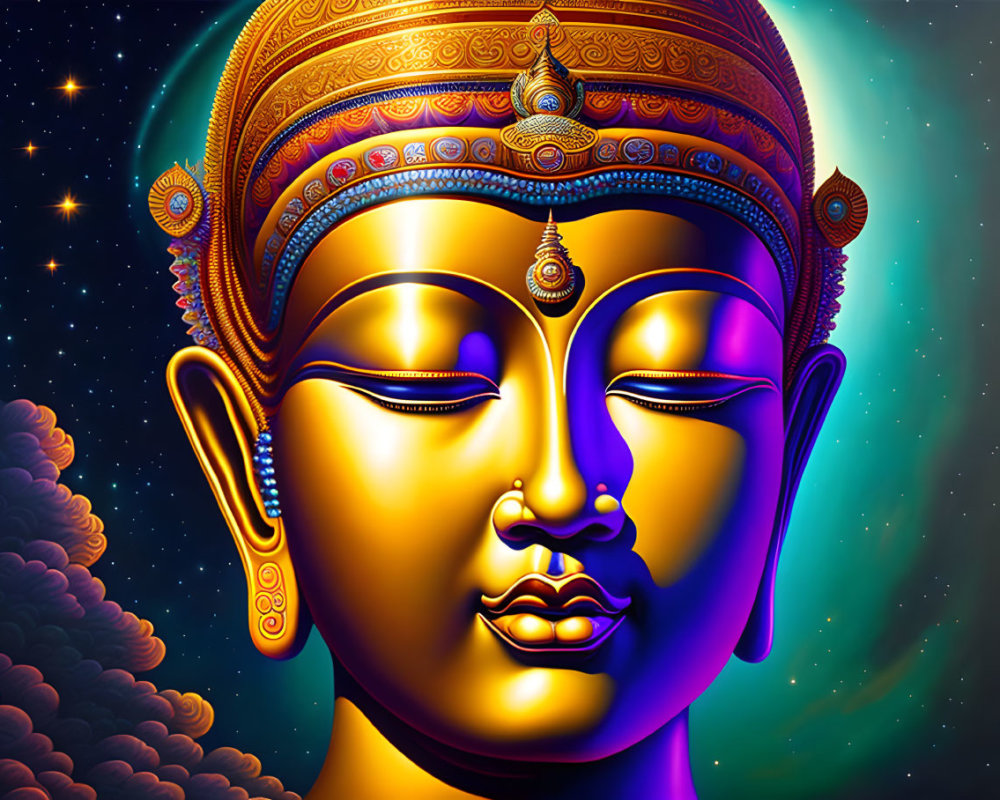 Serene Buddha face with golden headgear on cosmic background