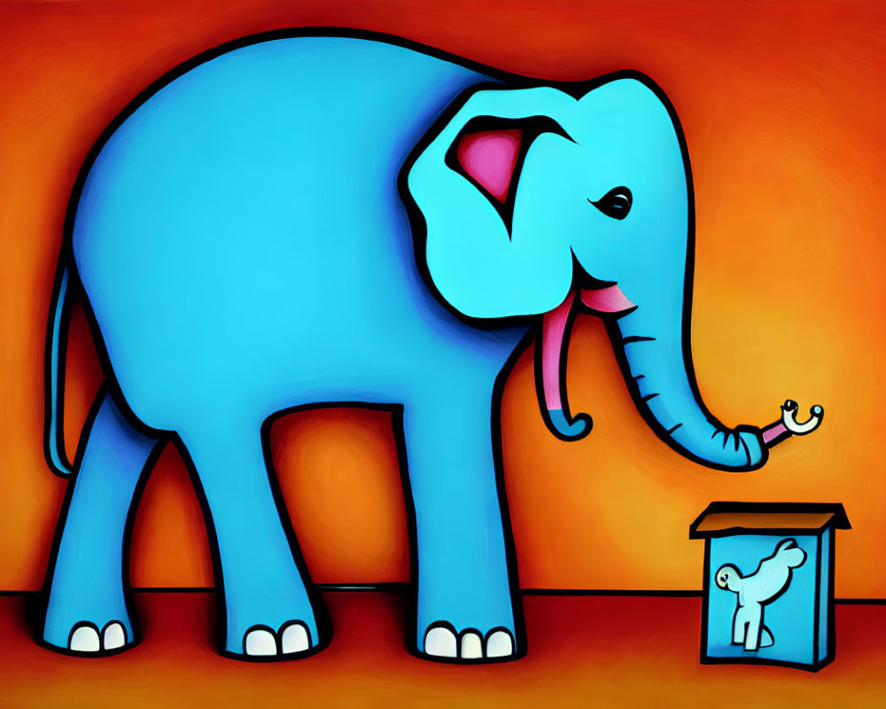 Stylized blue elephant and mouse on booth against red-orange backdrop