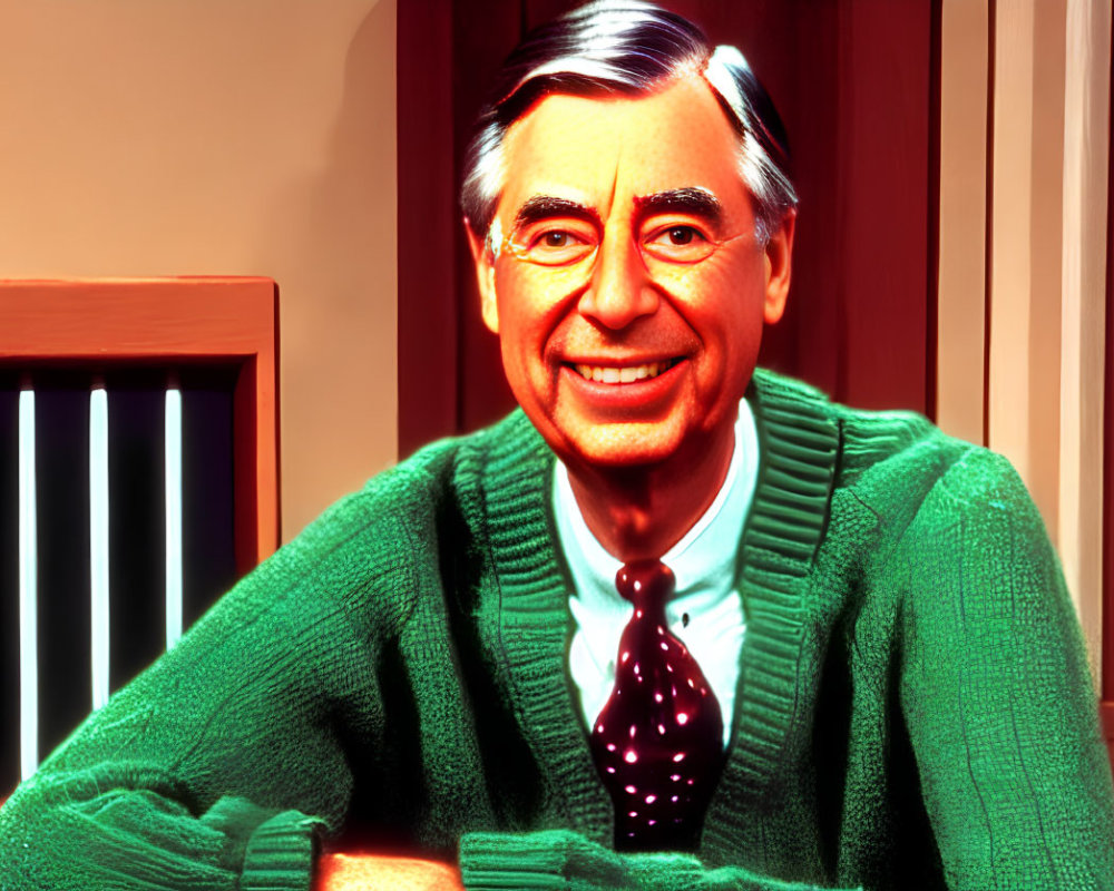 Smiling person with gray hair in green cardigan and tie sitting at table