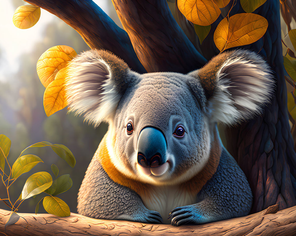 Fluffy-eared koala on tree branch in golden forest scene