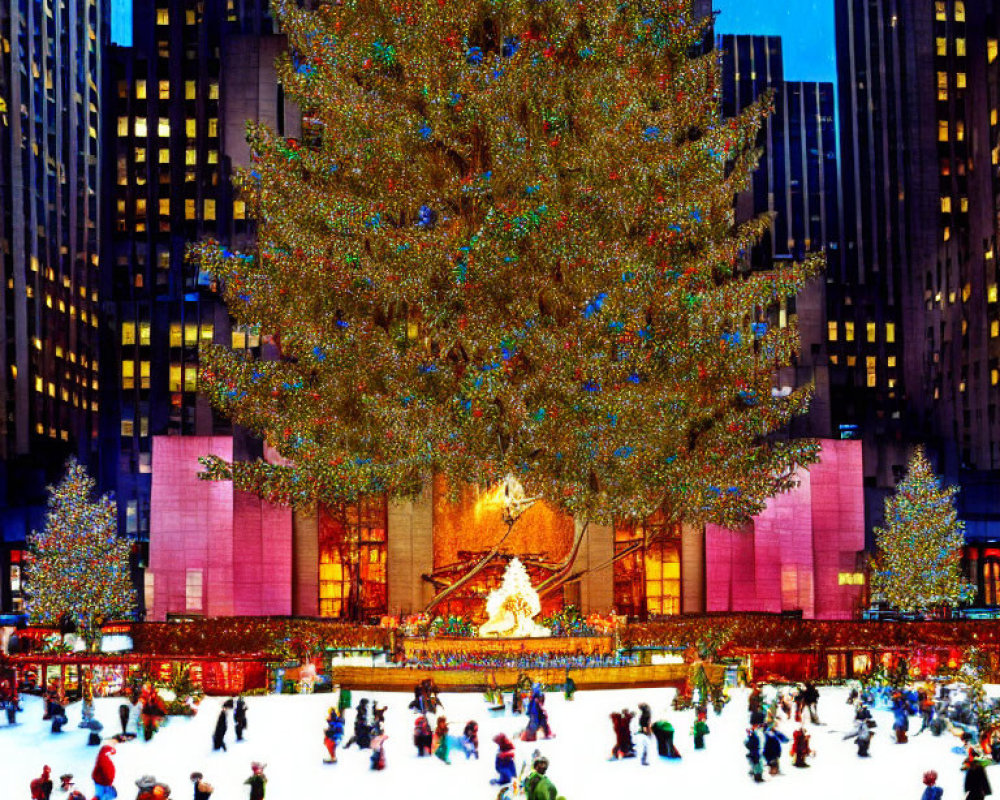 Giant Christmas tree and ice-skating rink in festive setting