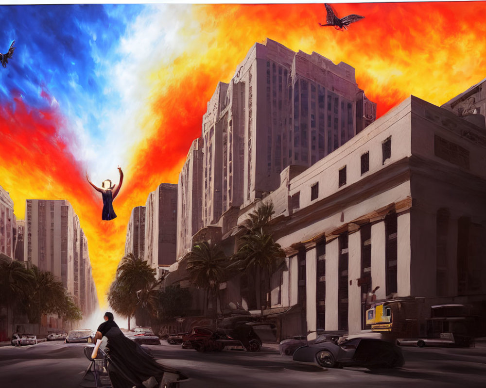 Colorful cityscape with sunset sky, flying figures, caped observer, classic cars, and soaring