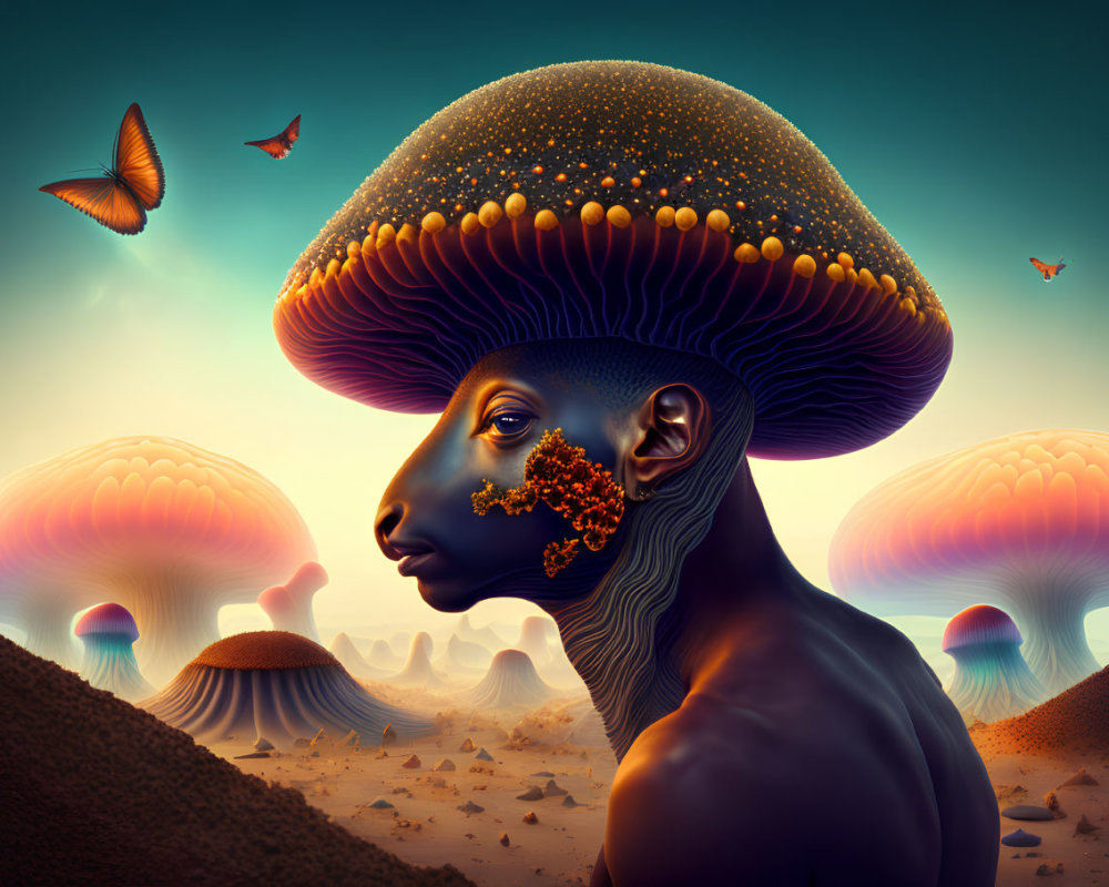 Surreal illustration of person with mushroom head in twilight scene