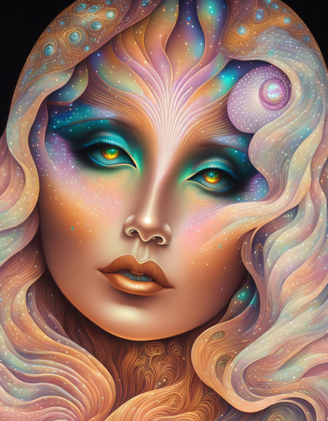 Vibrant galactic surreal portrait with swirling patterns and star-like speckles