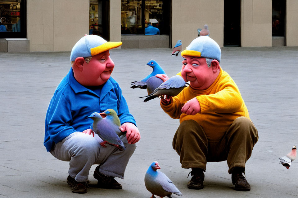 Two caricatured men in blue and yellow with oversized pigeons in urban scene