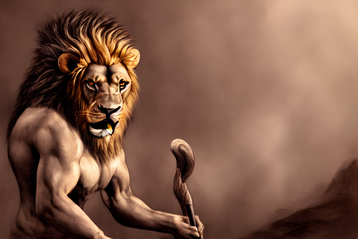 Majestic lion with human-like body holding staff on brown background