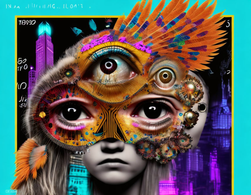 Surreal digital art: human face merges with colorful feathers, mechanical parts, urban backdrop.