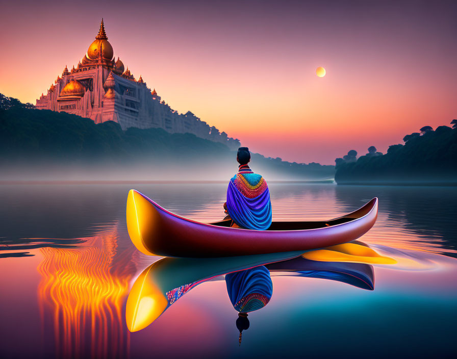 Vibrantly dressed person in canoe at sunrise with golden temple in background