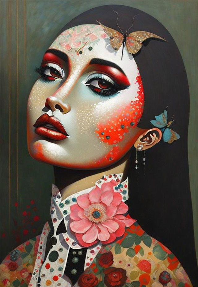 Portrait of a woman with floral patterns and butterflies, surreal and artistic.